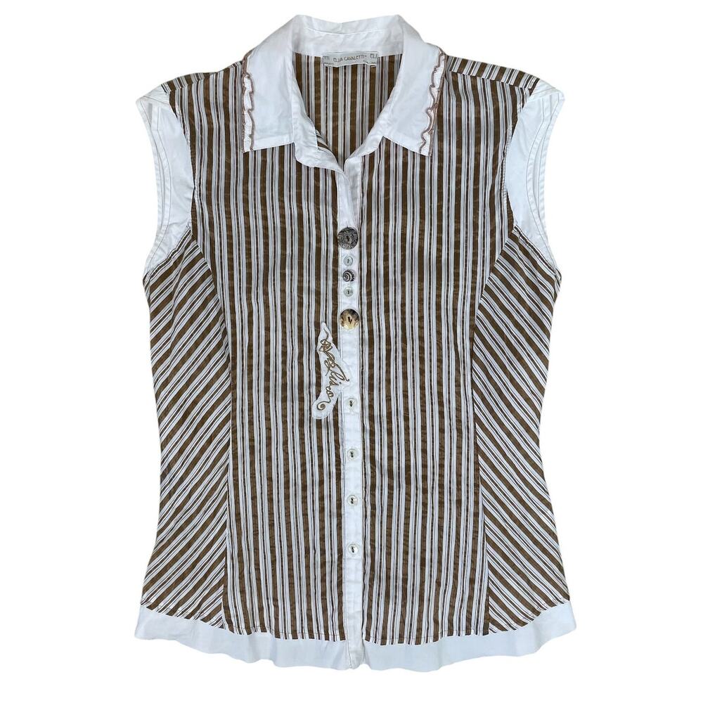 Elisa Cavaletti Cotton Striped Short Sleeve Button Front Top LG Boho Lagenlook
